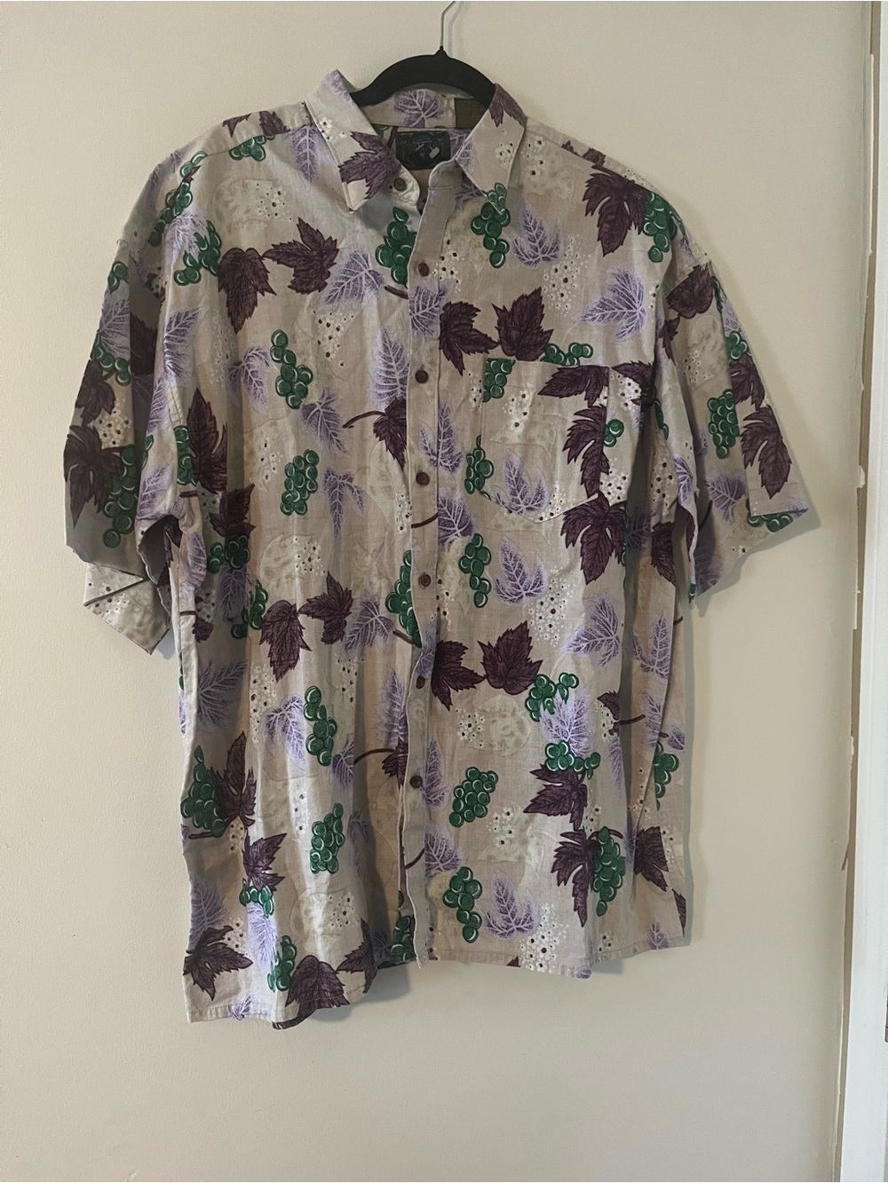 Vintage Mens Purple Novelty Leaf Print Button Down Shirt XL 100% Cotton Beach